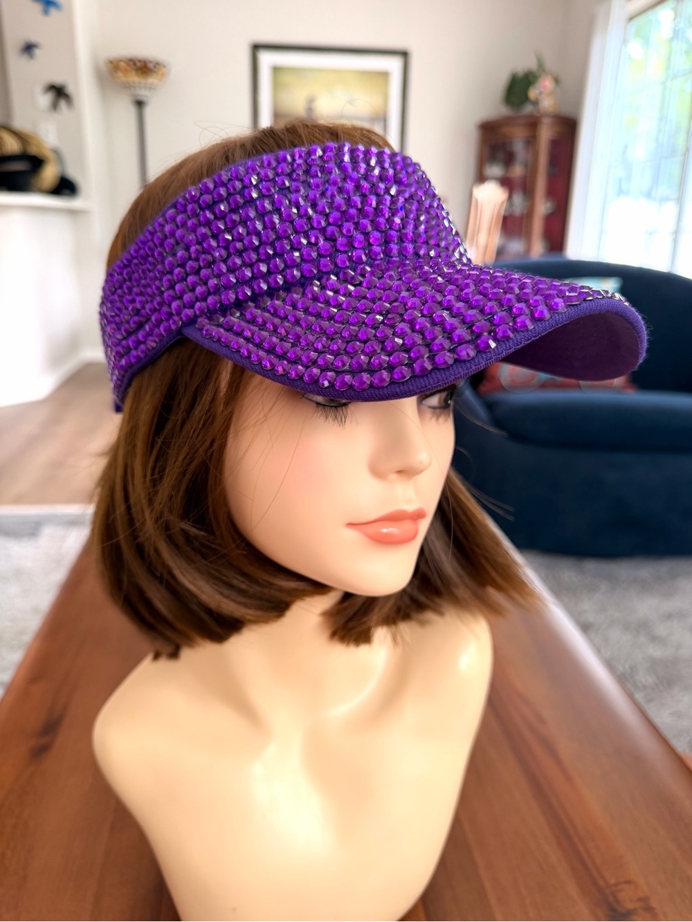 Purple Rhinestone Crystal Visor Pickleball Tennis Glam Sparkle Hat